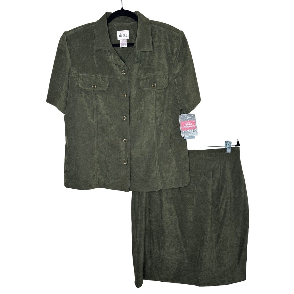 Maren Dress Olive Green Faux Suede Skirt Suit Set Vintage 2 Piece Size 16 NEW